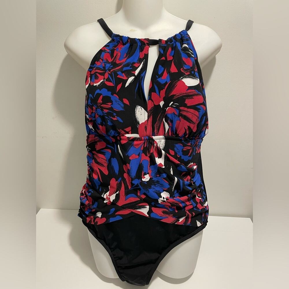 Bal Harbour Brand Women's size 18 Red/Blue/Black One Piece Swimsuit Keyhole NWOT